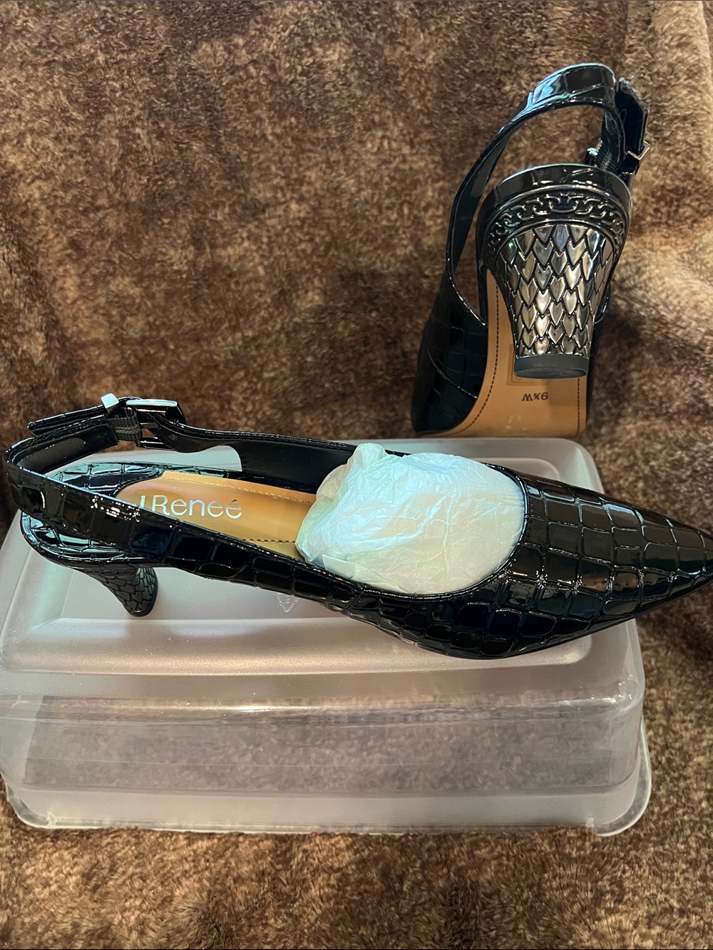 J.Renee 9 1/2 wide Black Croc-Embossed Slingback Kitten Heel